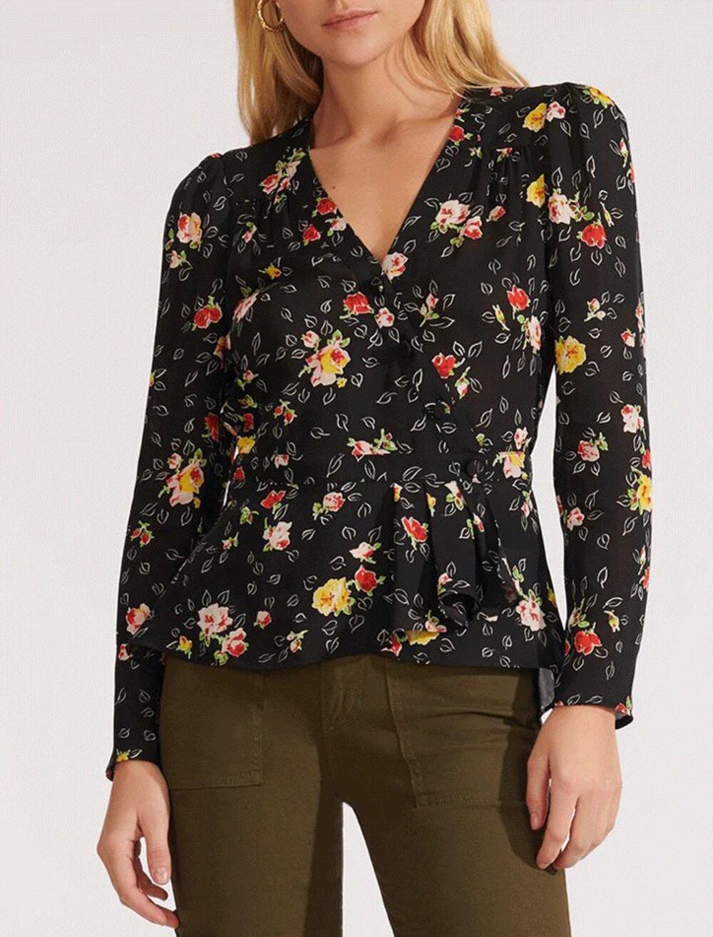Veronica Beard Kiona 100% Silk Floral Peplum Long Sleeve Blouse Black Size 6